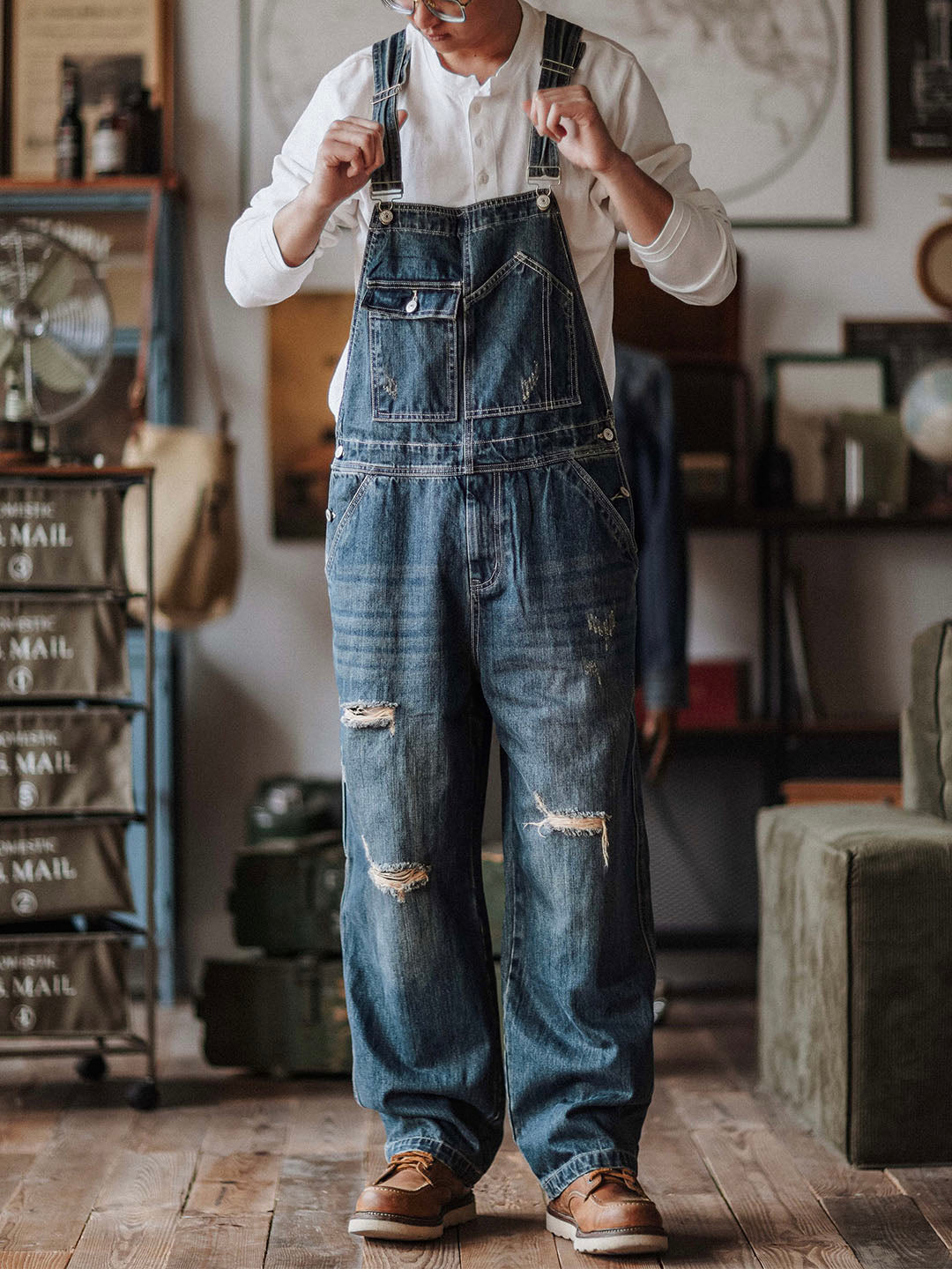 Julien™ | Pantalón de tirantes azul desgastado retro