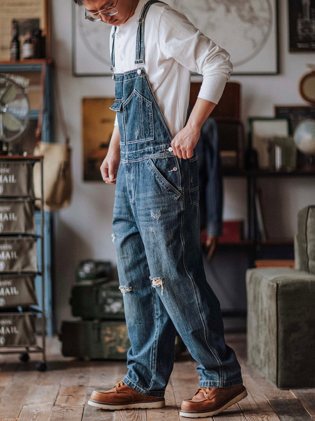 Julien™ | Pantalón de tirantes azul desgastado retro