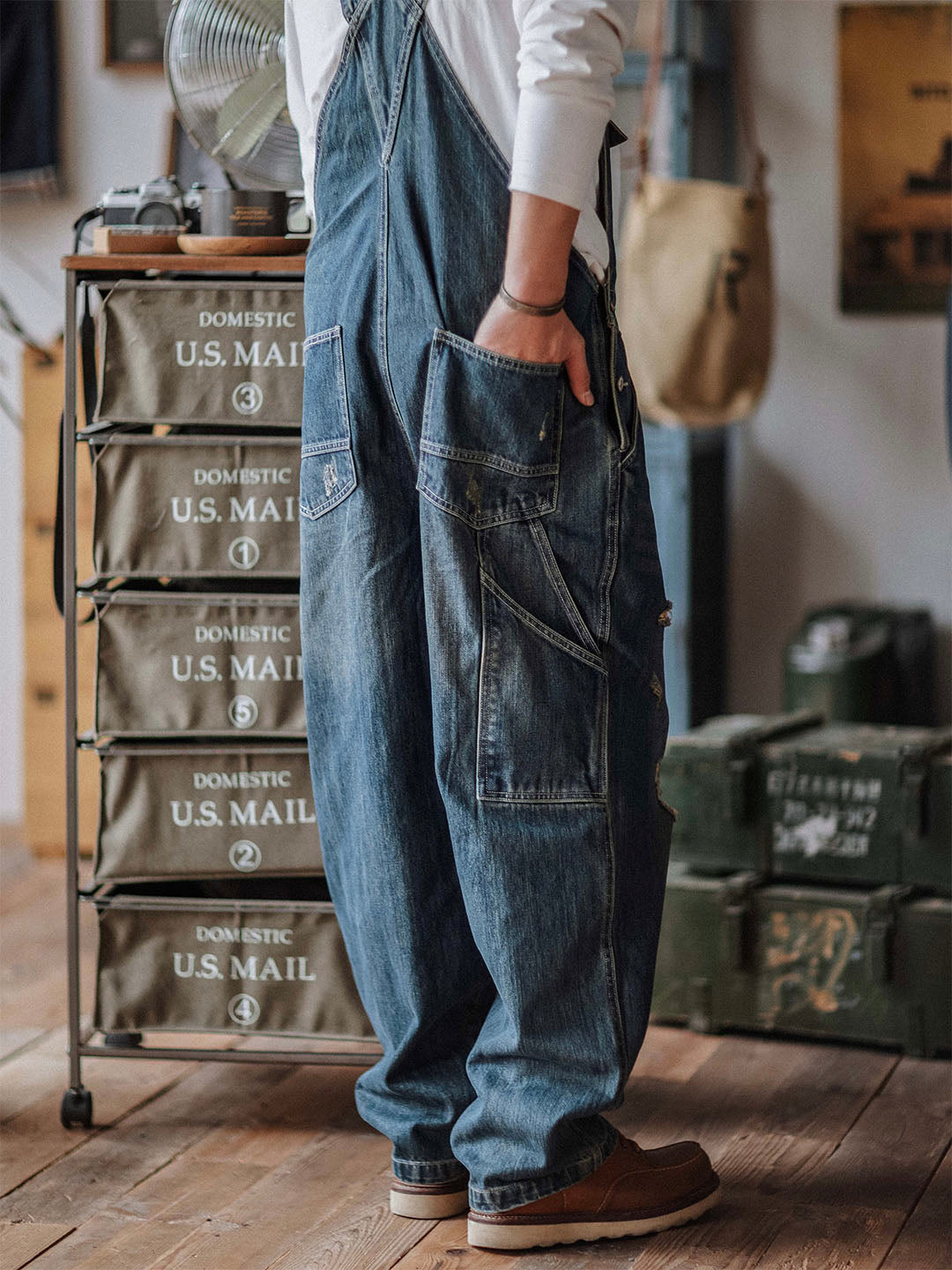 Julien™ | Pantalón de tirantes azul desgastado retro